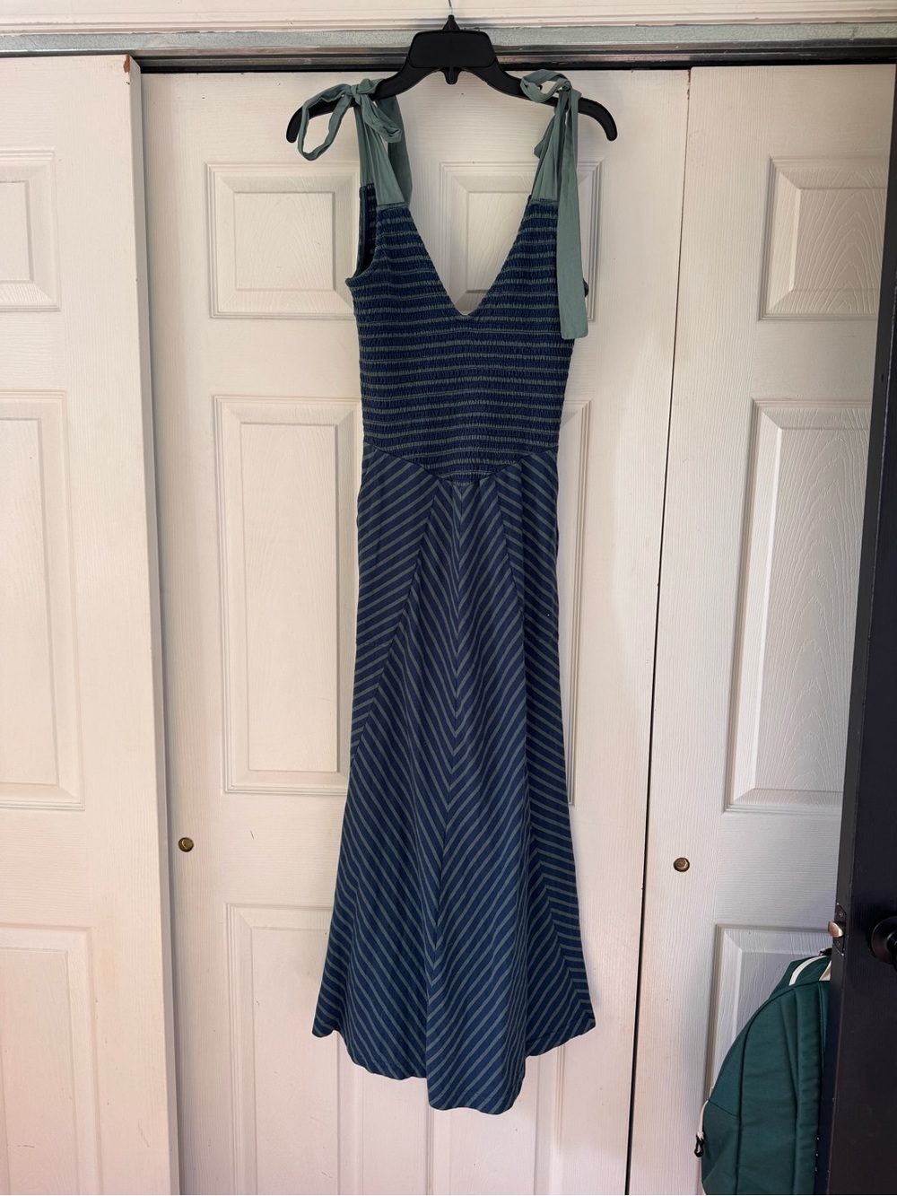Free People Navy Striped Maxi Dress with Sage Tie Straps